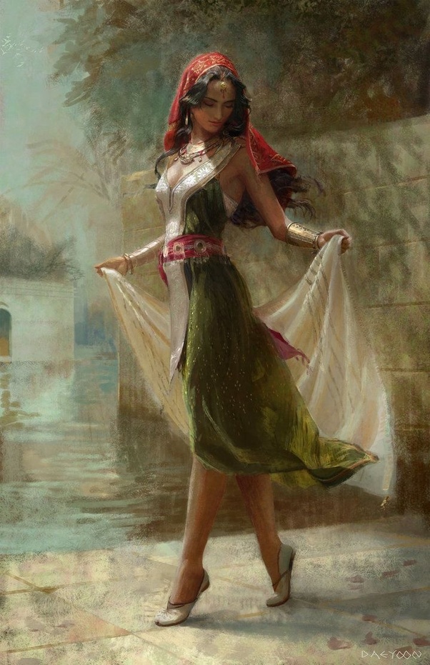 A woman in a green dress and red headscarf walking in a courtyard