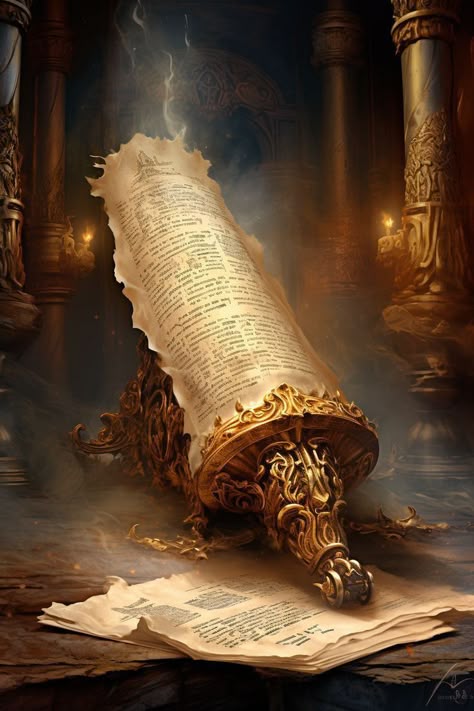 An ornate glowing scroll resting on stone in an ancient chamber