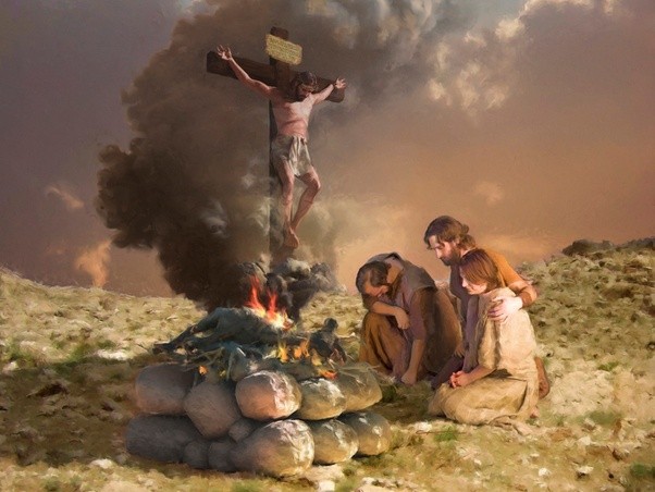 A painting depicting the crucifixion of Jesus with people kneeling before a sacrificial fire in the foreground