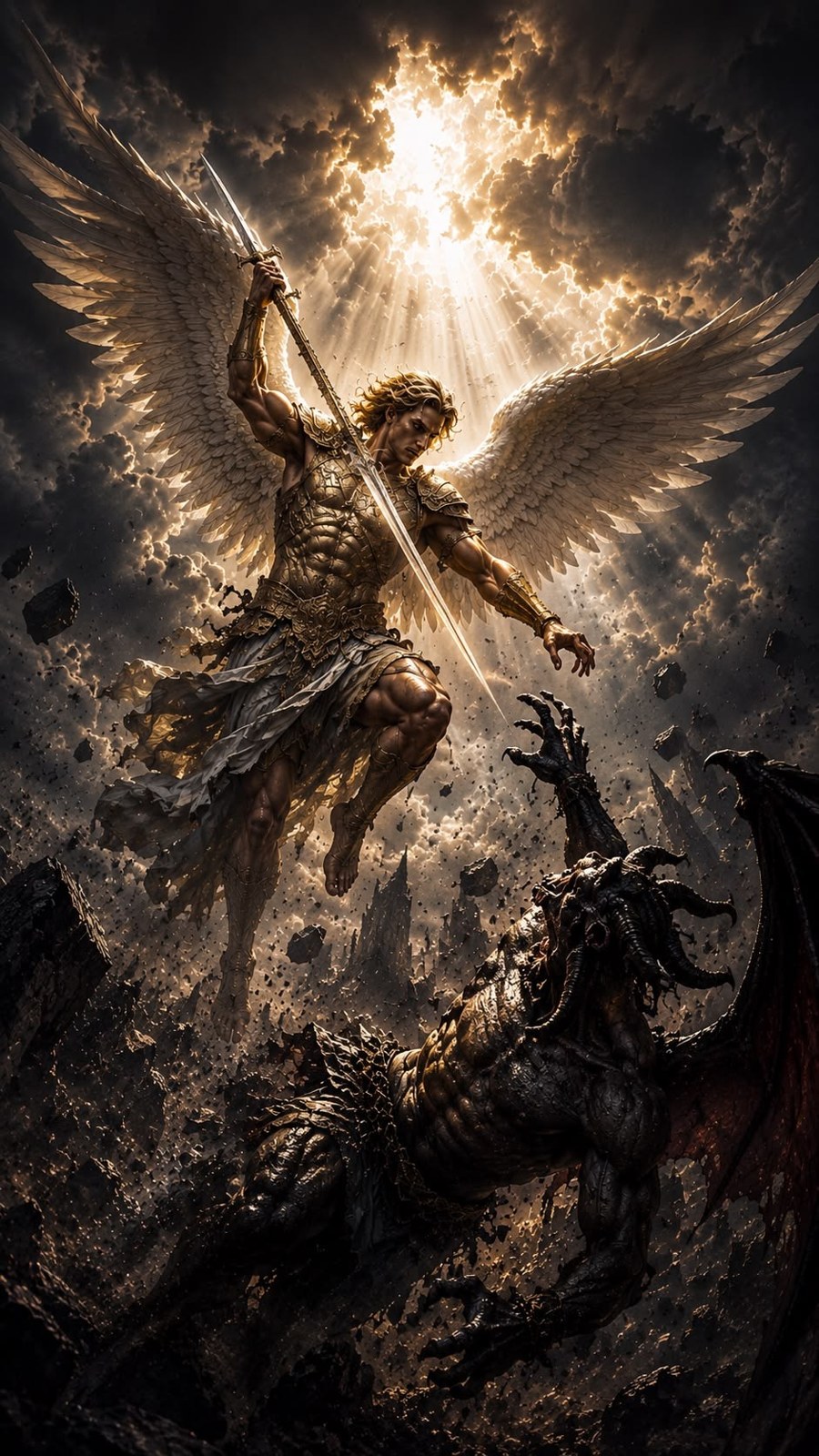 An angelic battle between light and darkness