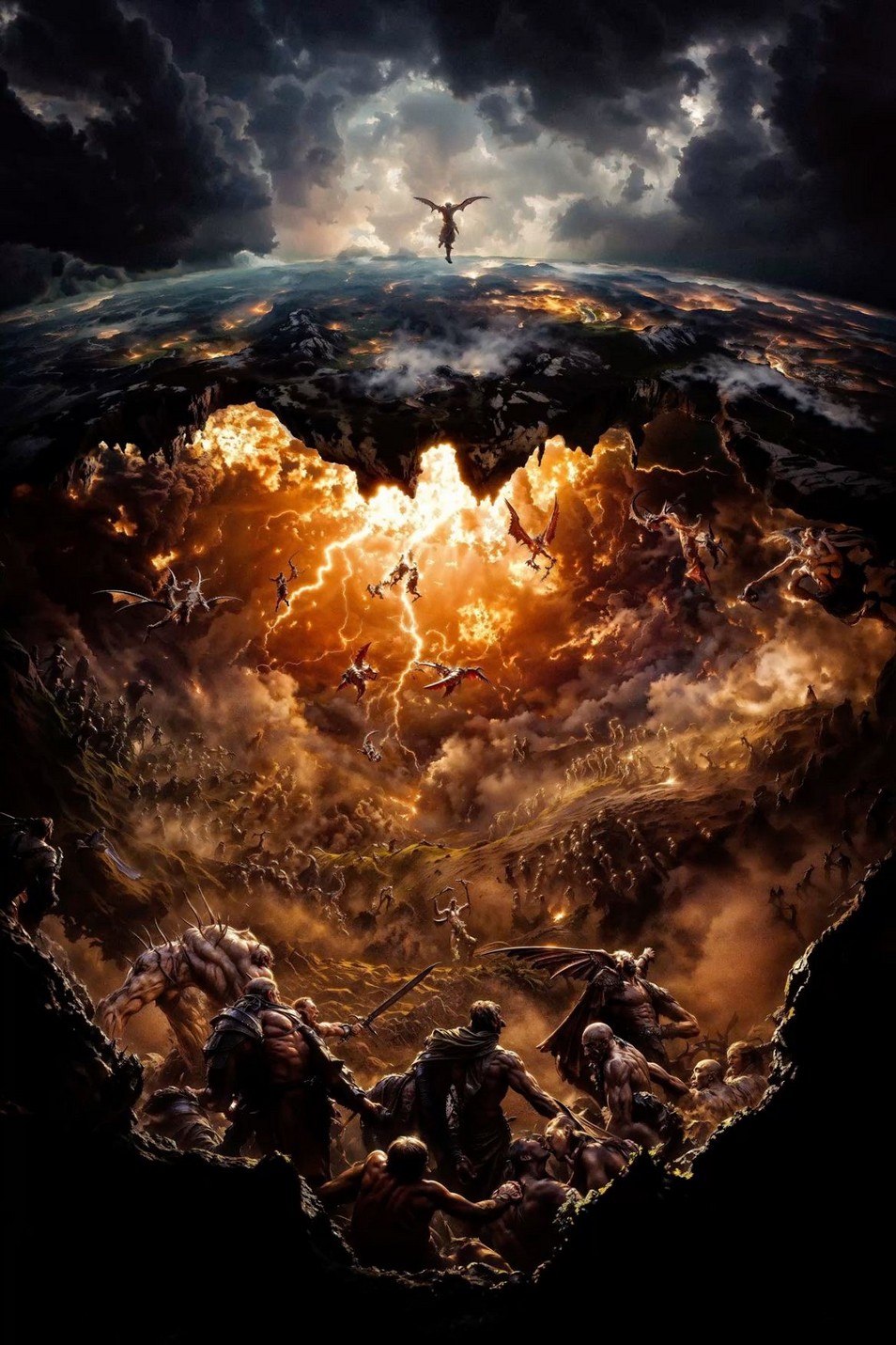 A dark, fiery depiction of a spiritual battle in a chaotic landscape with figures and winged creatures