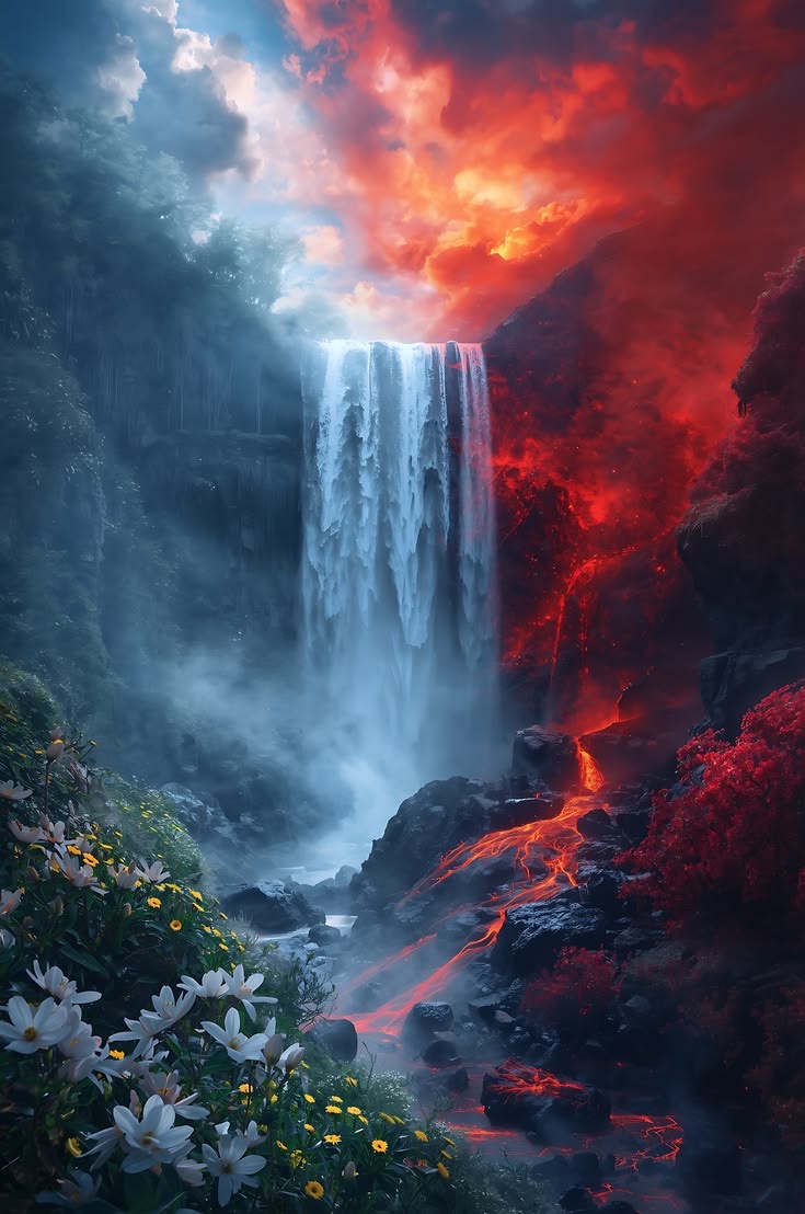 A waterfall between a lush forest and a fiery volcanic landscape