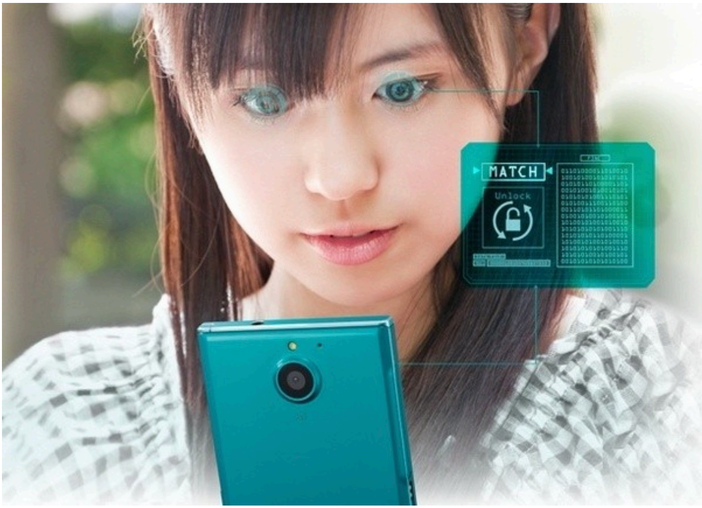A young woman looking at a smartphone with a digital overlay