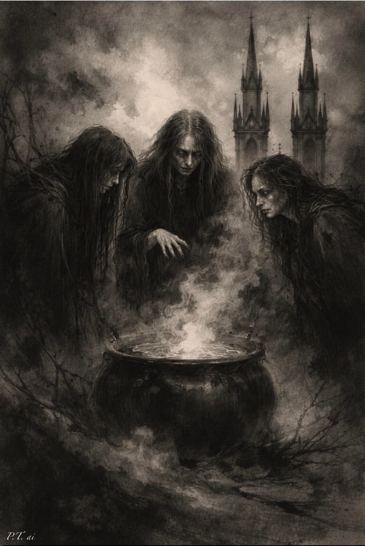 Three figures gathered around a steaming cauldron before a gothic cathedral