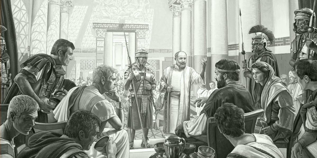 A painting depicting the apostle Paul standing before a Roman official and soldiers during his trial in Caesarea