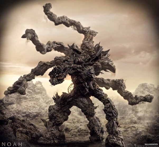 A creature made of rock and wood, resembling a Watcher from the movie Noah