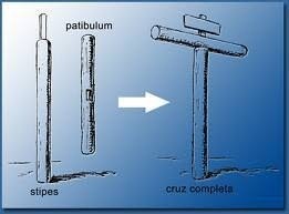 Diagram showing the components of a Roman cross: stipes, patibulum, and the assembled crux completa