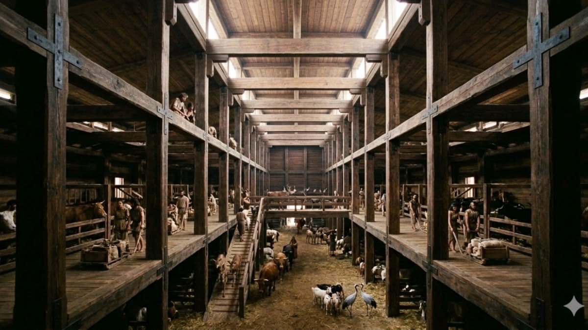 The interior decks of Noah's Ark with animals