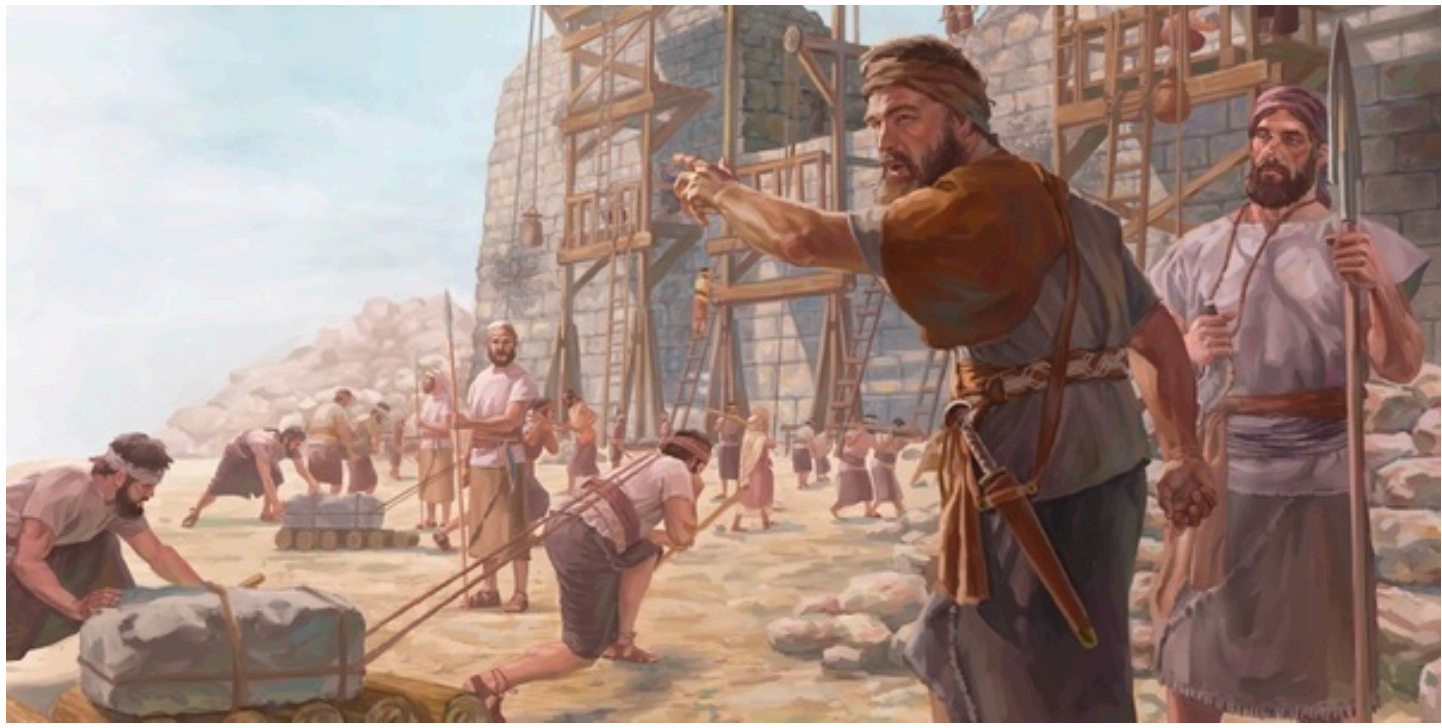 Biblical scene of men building a stone wall