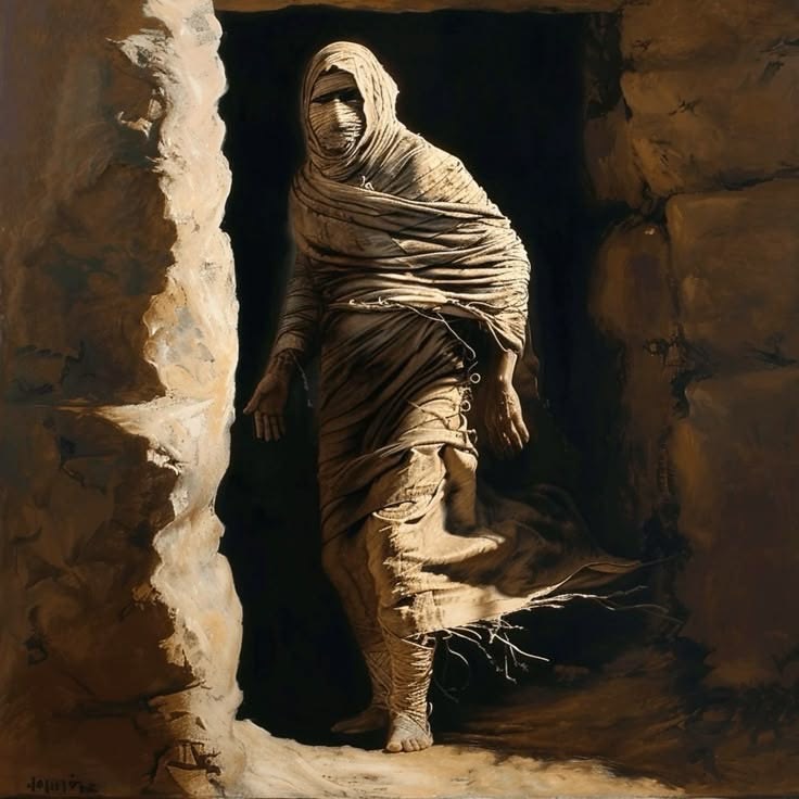 Lazarus emerging from the tomb wrapped in burial cloths
