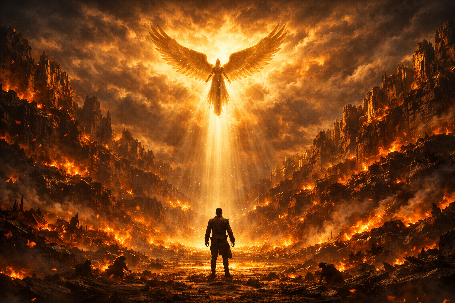 Angel descending into a fiery canyon before a lone figure