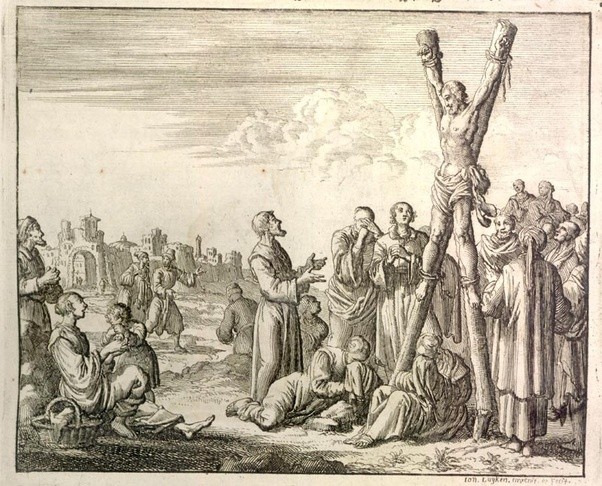 Etching depicting a crucifixion on a St. Andrew's cross, surrounded by onlookers