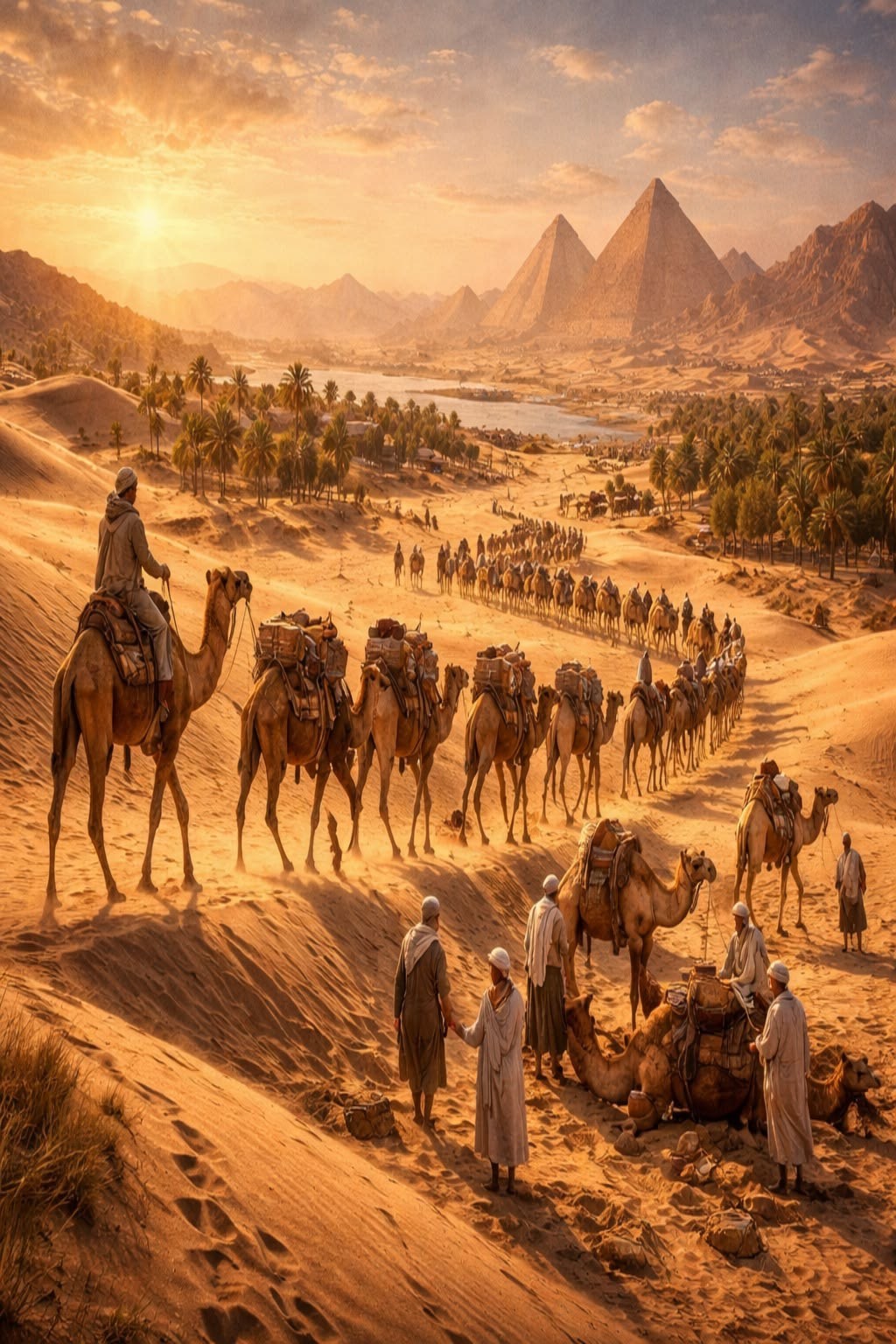 A trans-Saharan caravan crossing the desert toward North Africa