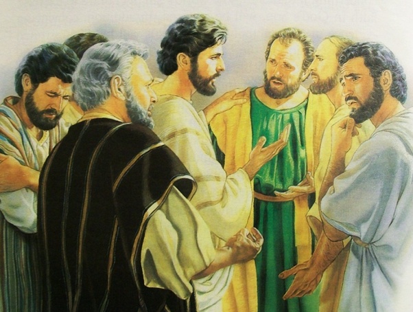A group of men in ancient clothing talking with one another