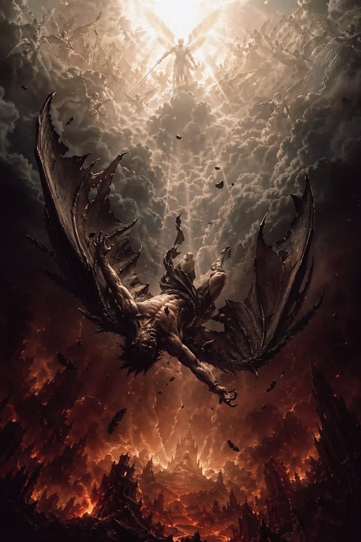 A winged figure falling through clouds toward a fiery underworld