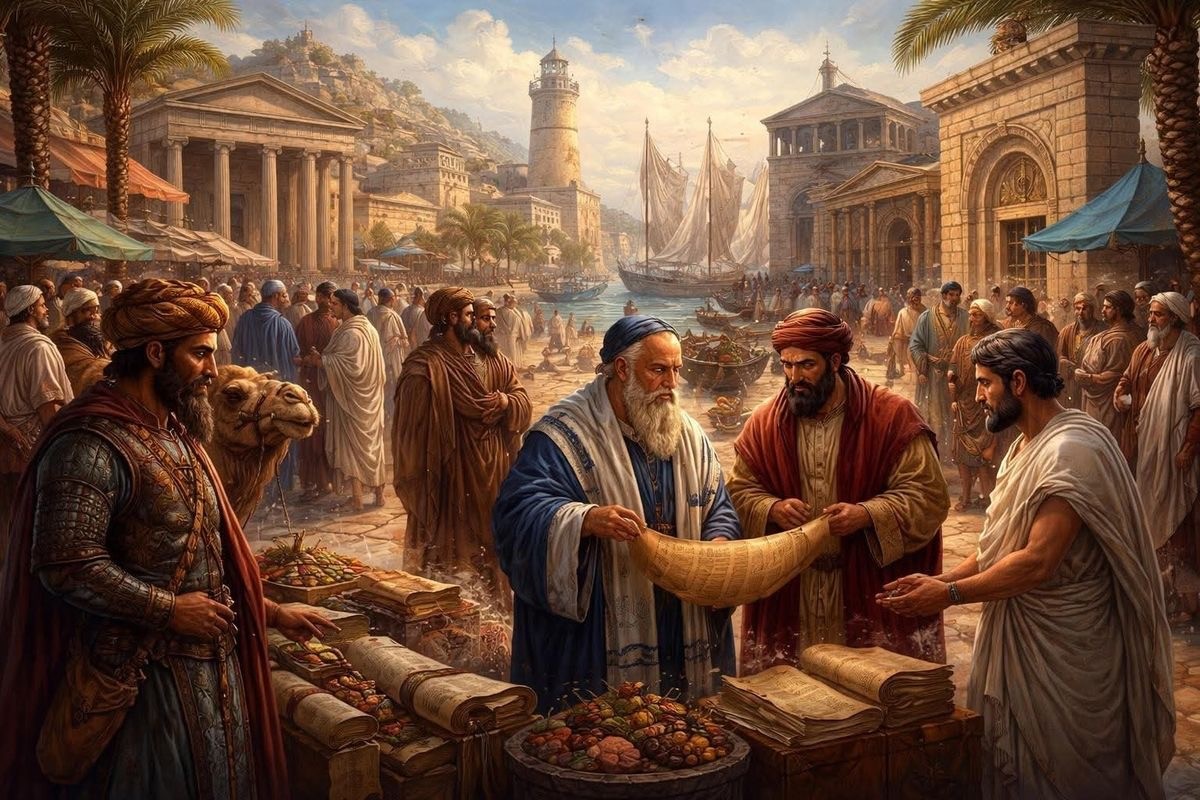 Jewish and North African merchants meeting in a trans-Saharan market