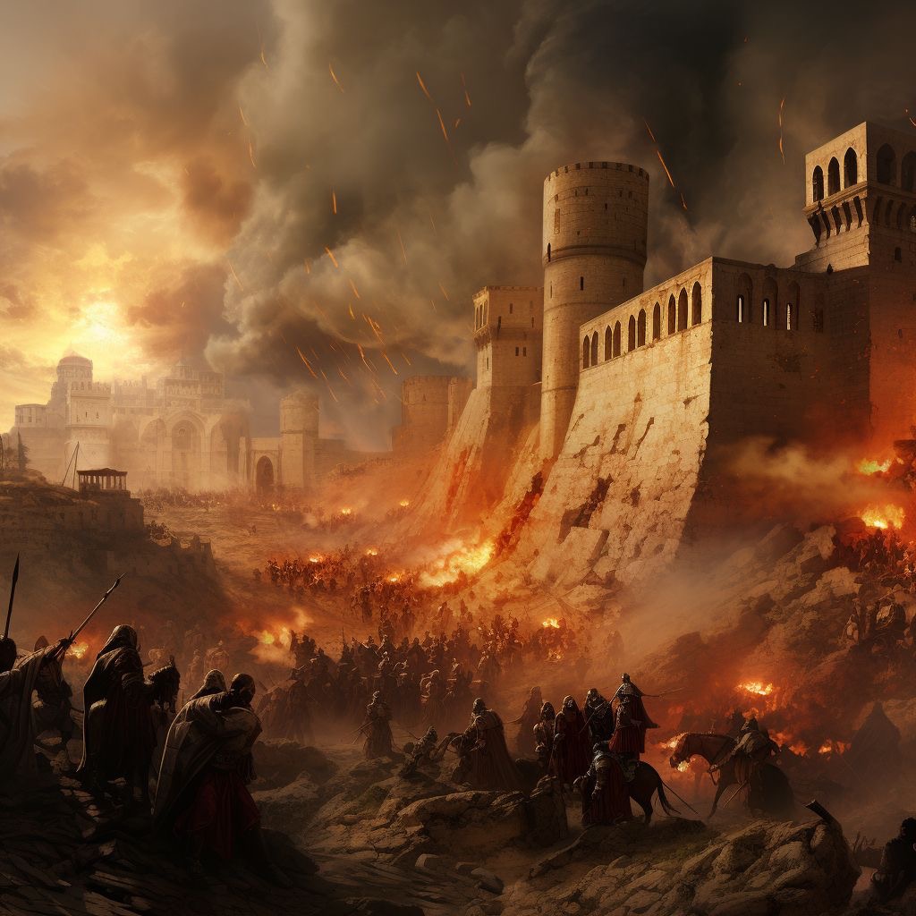 A burning fortress under siege with soldiers in the foreground