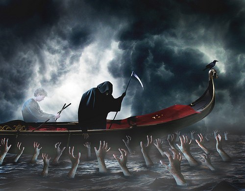 Charon ferrying souls across the River Styx